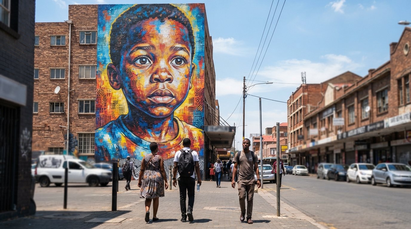 A large Nelson Makamo mural on Van Beek Street in Maboneng, bright portrait colours rising above the street at midday