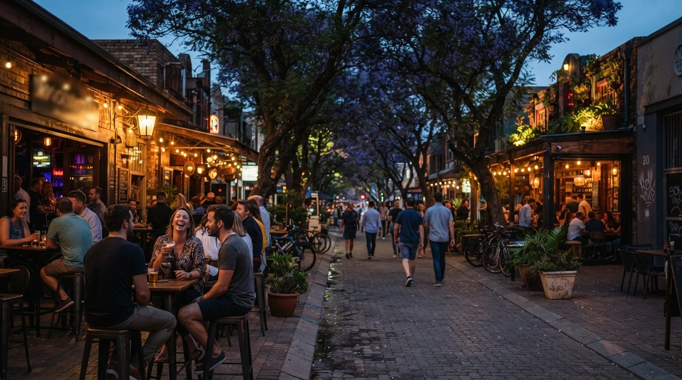 7th Street in Melville at early evening, jacaranda shade over the pavement, bar lights starting to glow outside owner-run restaurants and dive bars