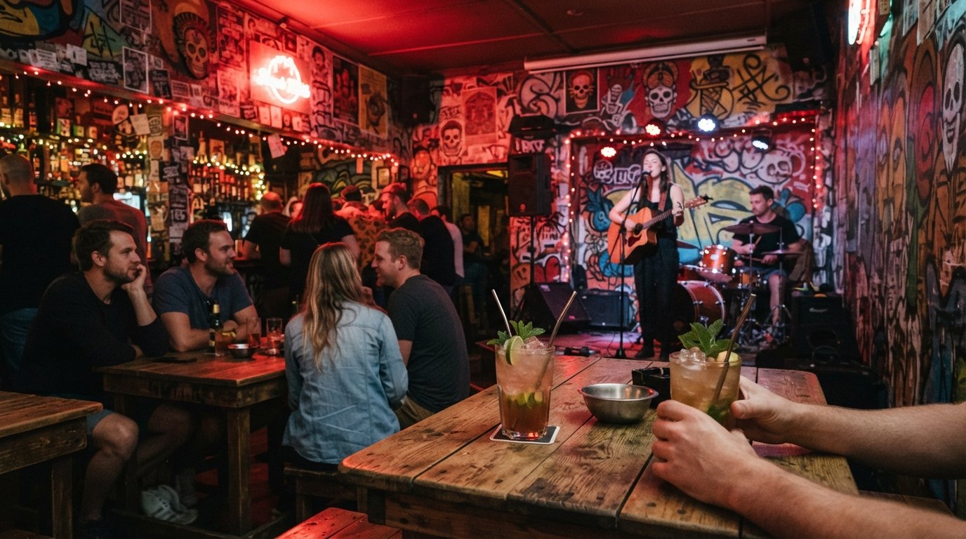 the mural-covered interior of Smoking Kills Bar on 4th Avenue, red lighting, craft rum cocktails and a small stage set for a local band