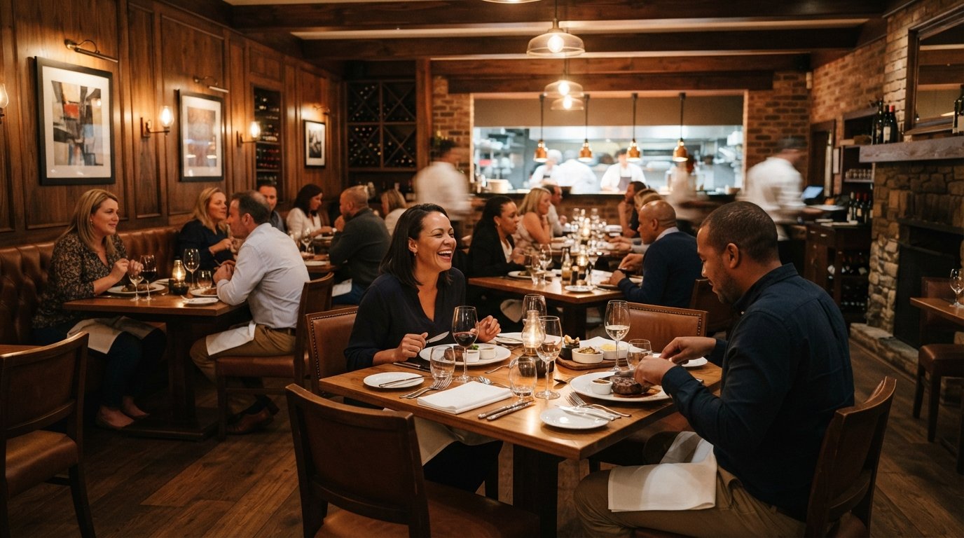 The Grillhouse dining room in The Firs, set tables and warm wood interior with the steakhouse atmosphere at dinner time