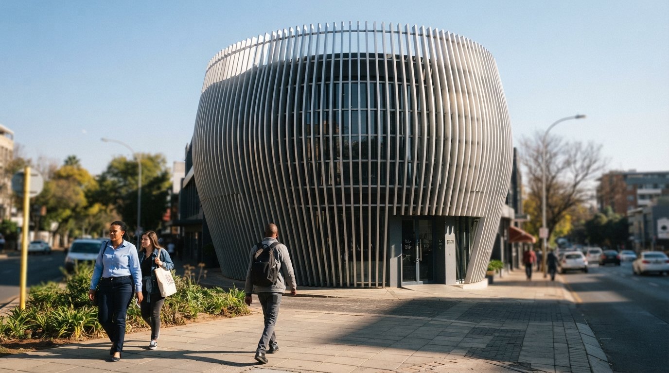 CIRCA’s drum-shaped facade on Jellicoe Avenue, the aluminium slats catching daylight with pedestrians in the foreground