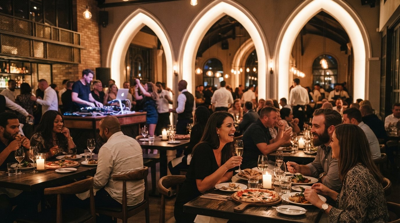 Saint at The Marc with cathedral arches, a DJ booth and a lively pizza-and-champagne dining room glowing at night