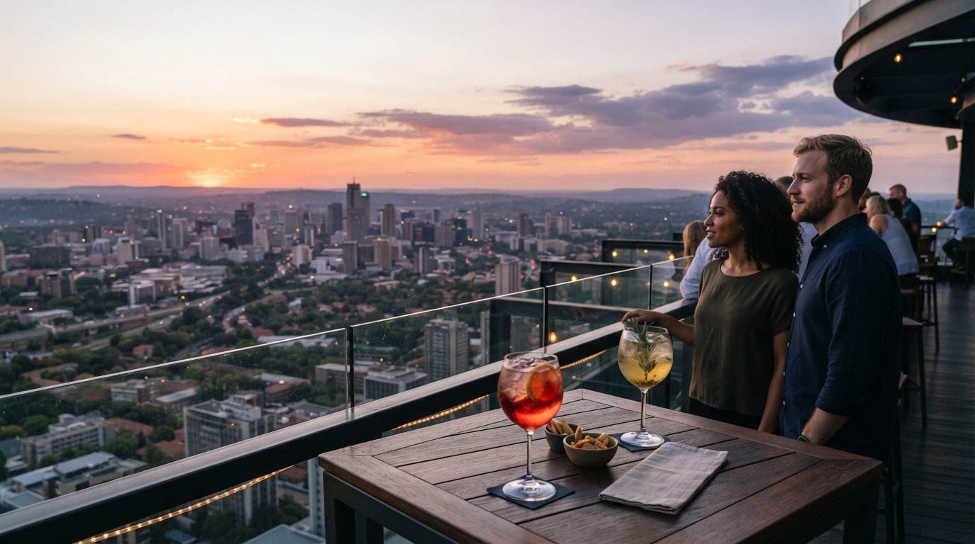 Alto234 on the 57th floor of The Leonardo with cocktail glasses and 360-degree city views stretching into the distance at sunset
