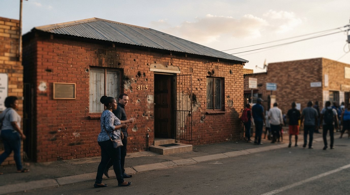 Mandela House on 8115 Vilakazi Street, the small red-brick facade with visible bullet holes and scorch marks in late afternoon light