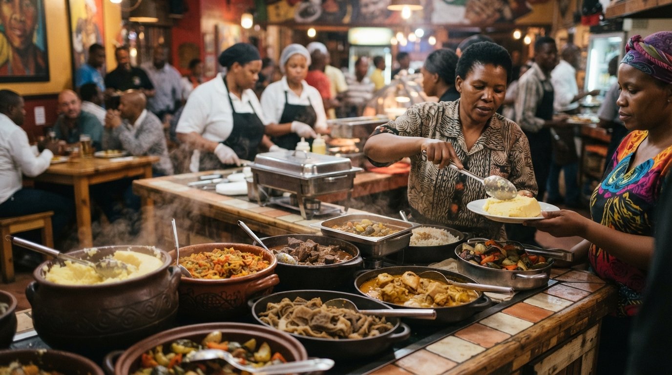 the buffet spread at Sakhumzi Restaurant on Vilakazi Street, with pap, chakalaka, stews and mogodu laid out under warm indoor light