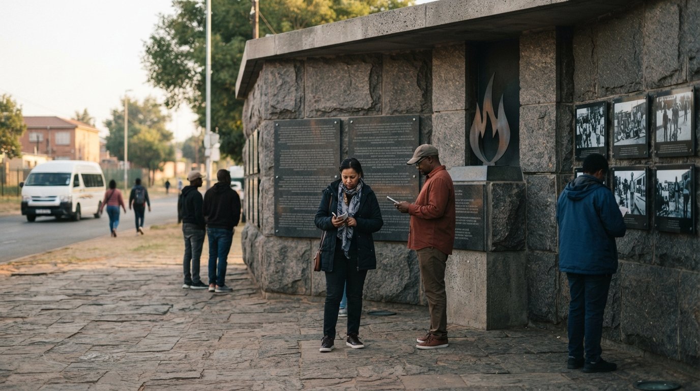 the Hector Pieterson Memorial granite exterior on Khumalo Street, with visitors reading the memorial in soft morning light